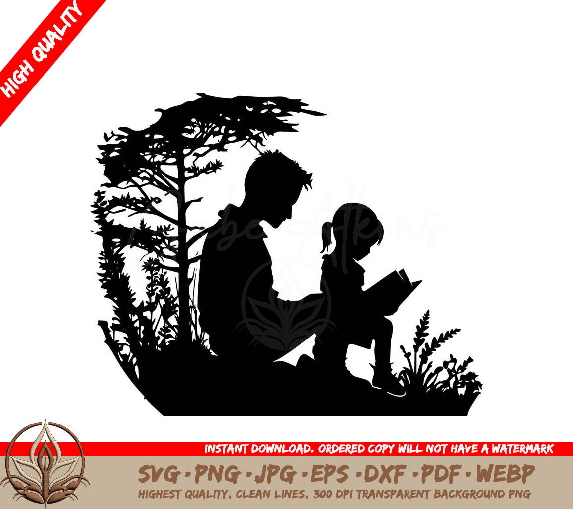 A Silhouette Of A Man And A Girl Reading A Book Under A Tree SVG - Storytime SVG