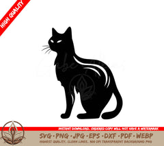 A Silhouette Of A Black Cat Sitting On A White Background SVG - Striped Kitty SVG