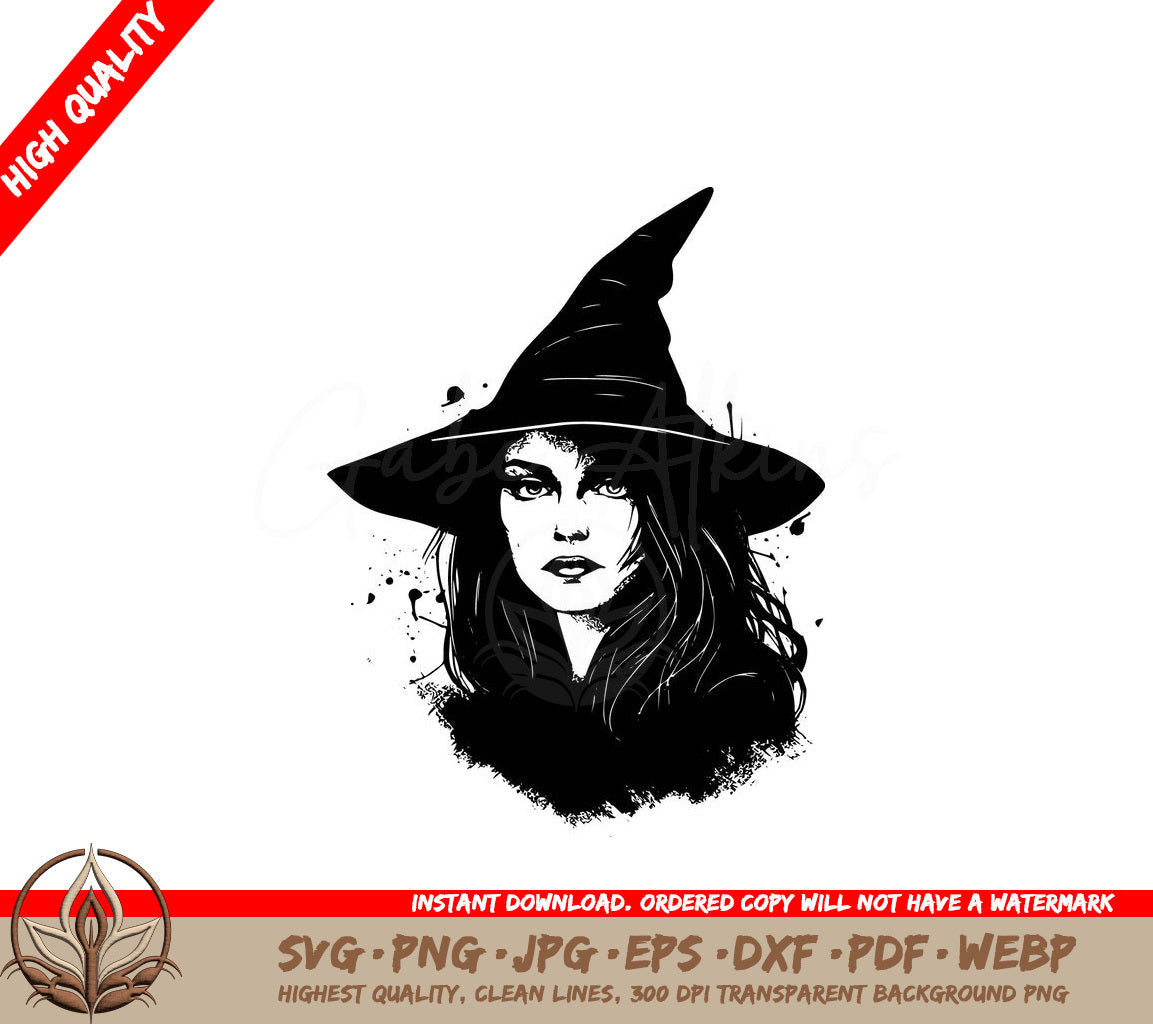 A Black And White Drawing Of A Woman Wearing A Witch Hat