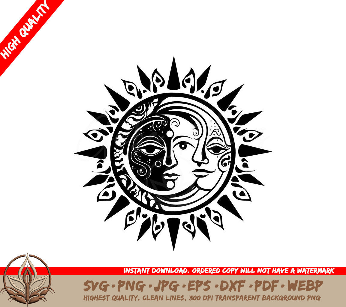 Sun and Moon Togetherness Digital Design in SVG, PNG, JPG, AI, PDF, DXF, EPS and WebP Formats 
