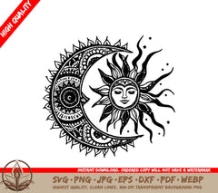 Sun and Moon in Celestial Harmony Mandala SVG, PNG, JPG, AI, PDF, DXF, EPS and WebP - Digital Download 
