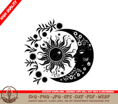 Sun and Moon with Flowers Digital Design in Multiple File Formats 
