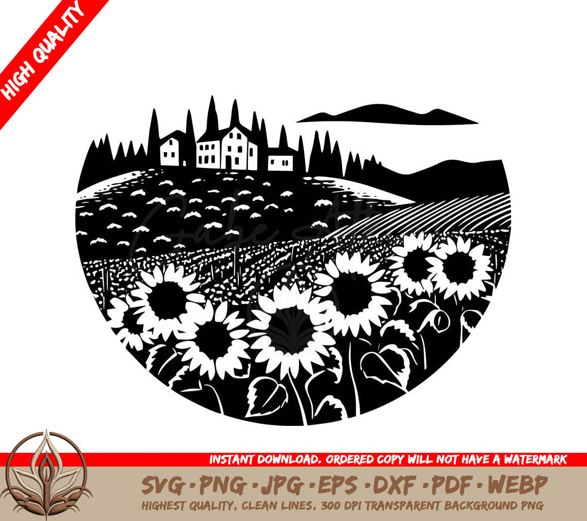 Sunflower Farmhouse Digital Design File for Cutting Machines and Printing (SVG, PNG, JPG, AI, PDF, DXF, EPS, WebP) 
