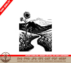 Sunflower Meadow Trail Digital Design Cut File in SVG, PNG, JPG, AI, PDF, DXF, EPS and WebP Formats 
