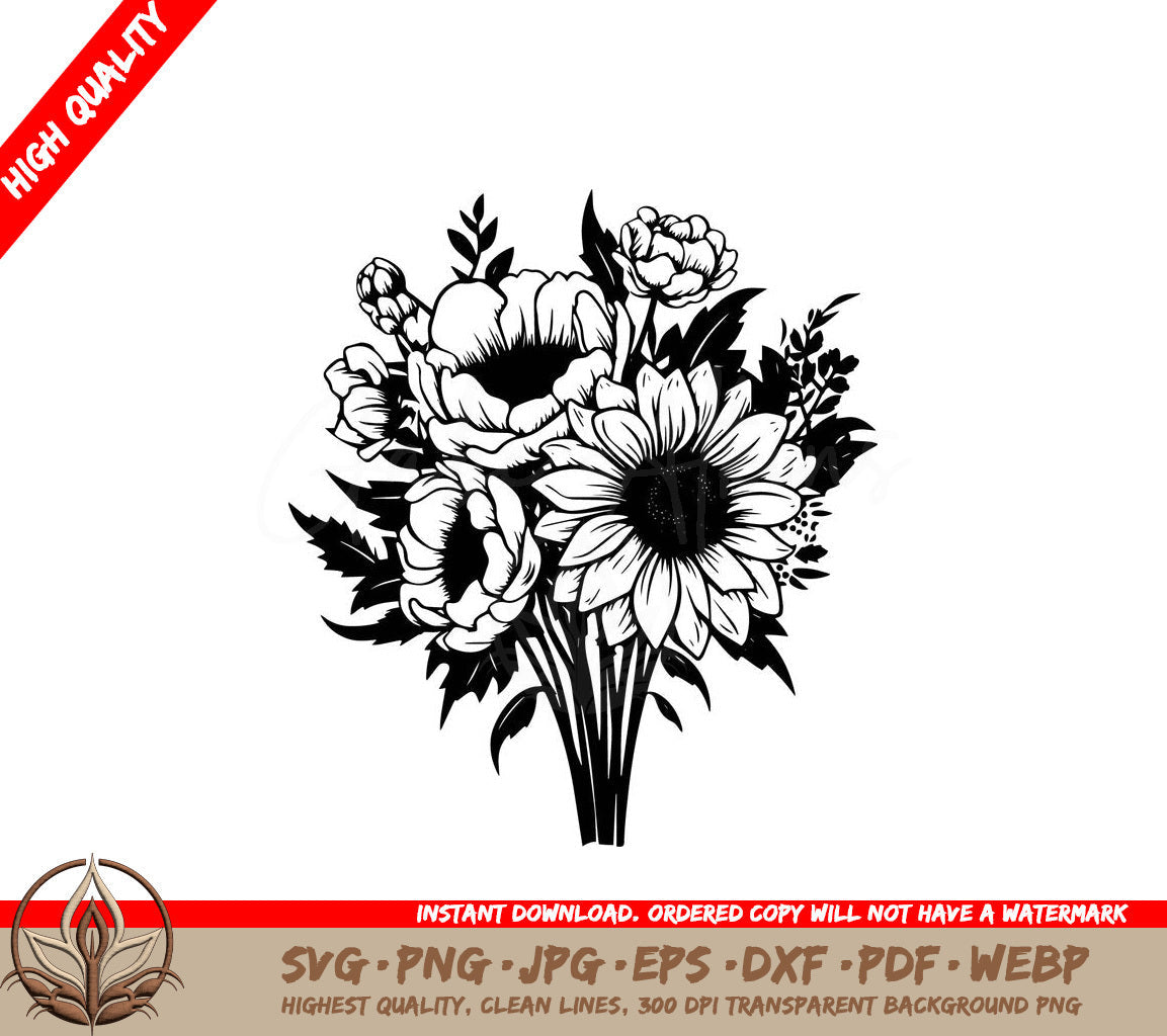 Sunflower and Peony Bouquet Digital Design in Multiple File Formats 
