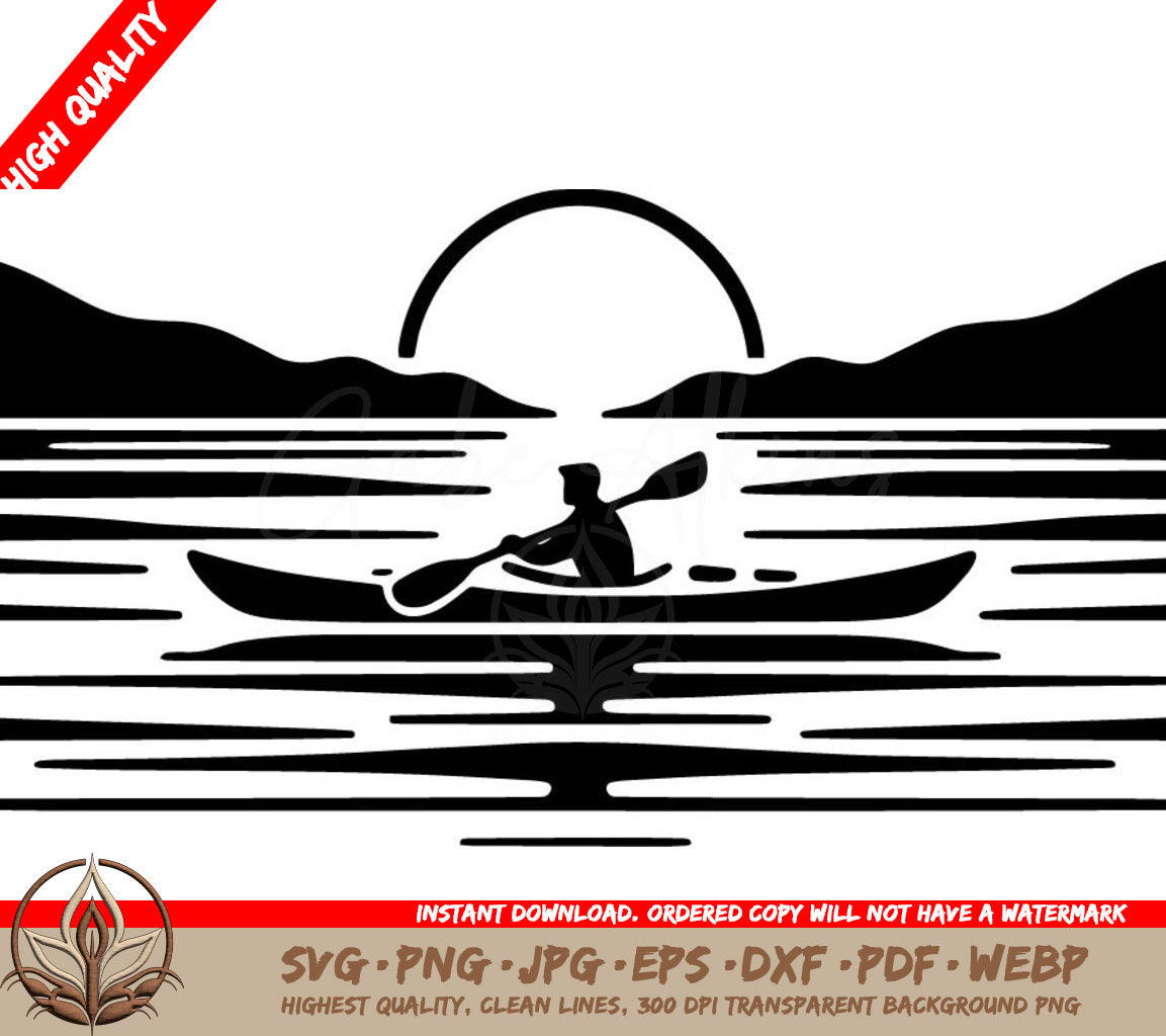 Sunset Kayak Journey Digital Design Cut File in SVG, PNG, JPG, AI, PDF, DXF, EPS and WebP Formats 
