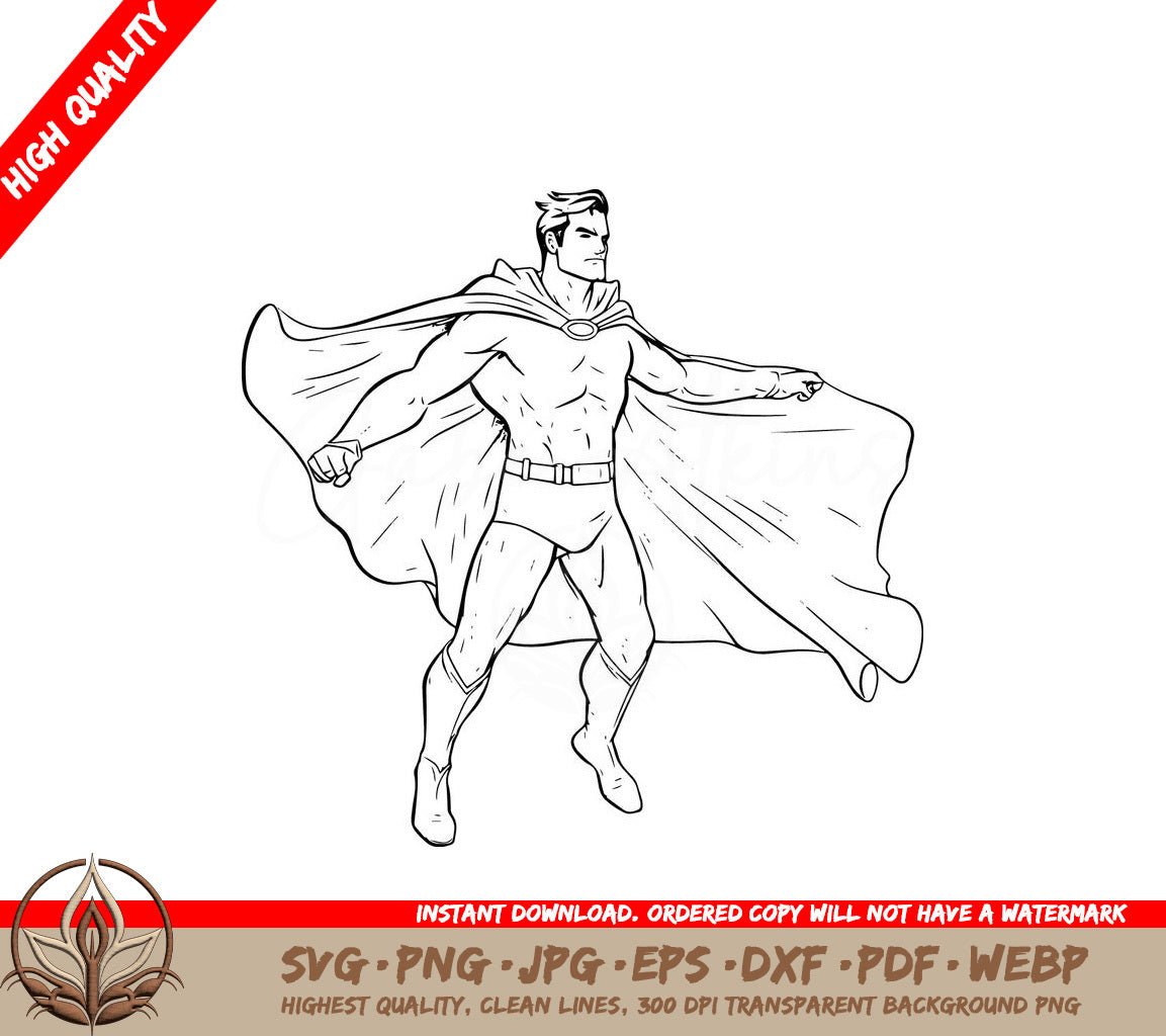 Superhero with Flowing Cape Digital Design in Multiple File Formats 
