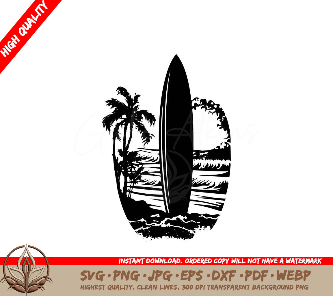 Surfboard on the Beach Digital Design in Multiple File Formats 
