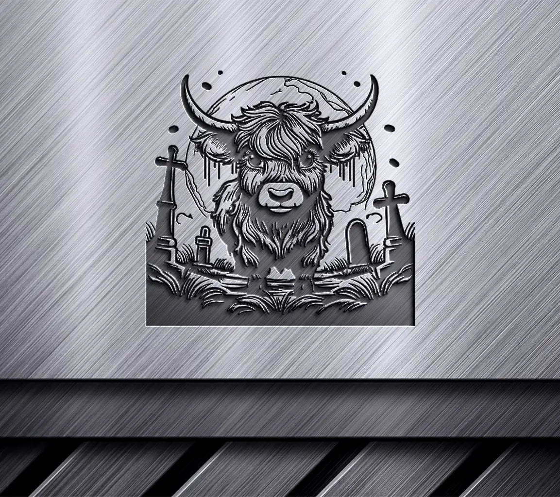 Surreal  Bull Cemetery SVG - Monochromatic Highland Cow Halloween Landscape SVG