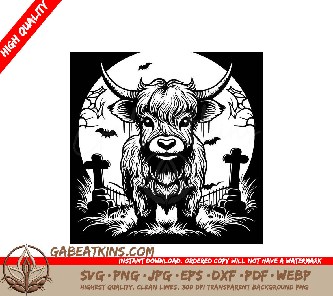 Surreal  Bull Cemetery SVG - Monochromatic Highland Cow Halloween Landscape SVG