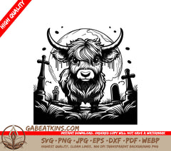 Surreal  Bull Cemetery SVG Monochromatic Highland Cow Halloween Landscape SVG