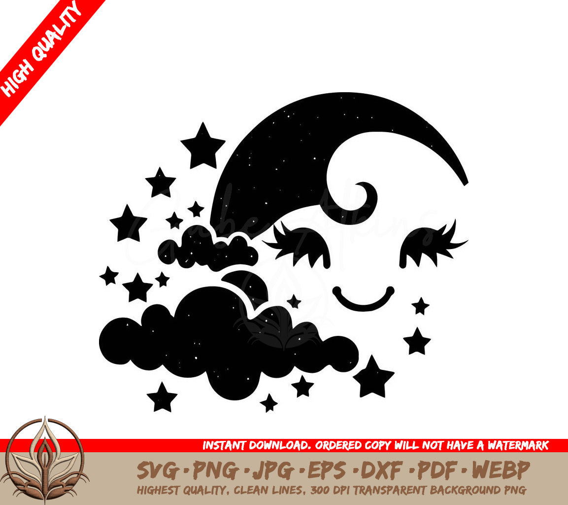 Sweet Moon with Clouds and Stars Digital Design File (SVG, PNG, JPG, AI, PDF, DXF, EPS, WebP) 
