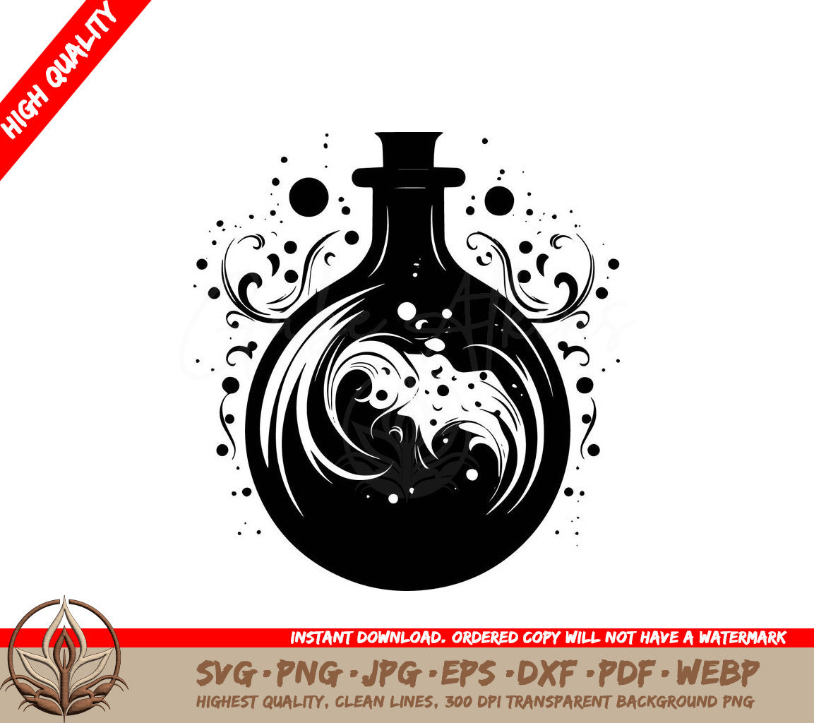 Swirling Potion Bottle - Digital Design Cut File in SVG, PNG, JPG, AI, PDF, DXF, EPS and WebP Formats 
