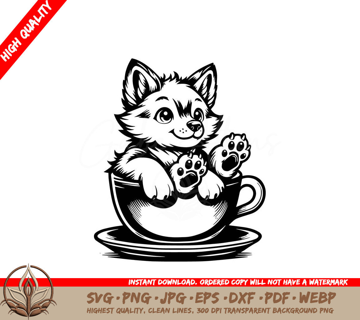 Teacup Wolf Digital Design File (SVG, PNG, JPG, AI, PDF, DXF, EPS, WebP) 
