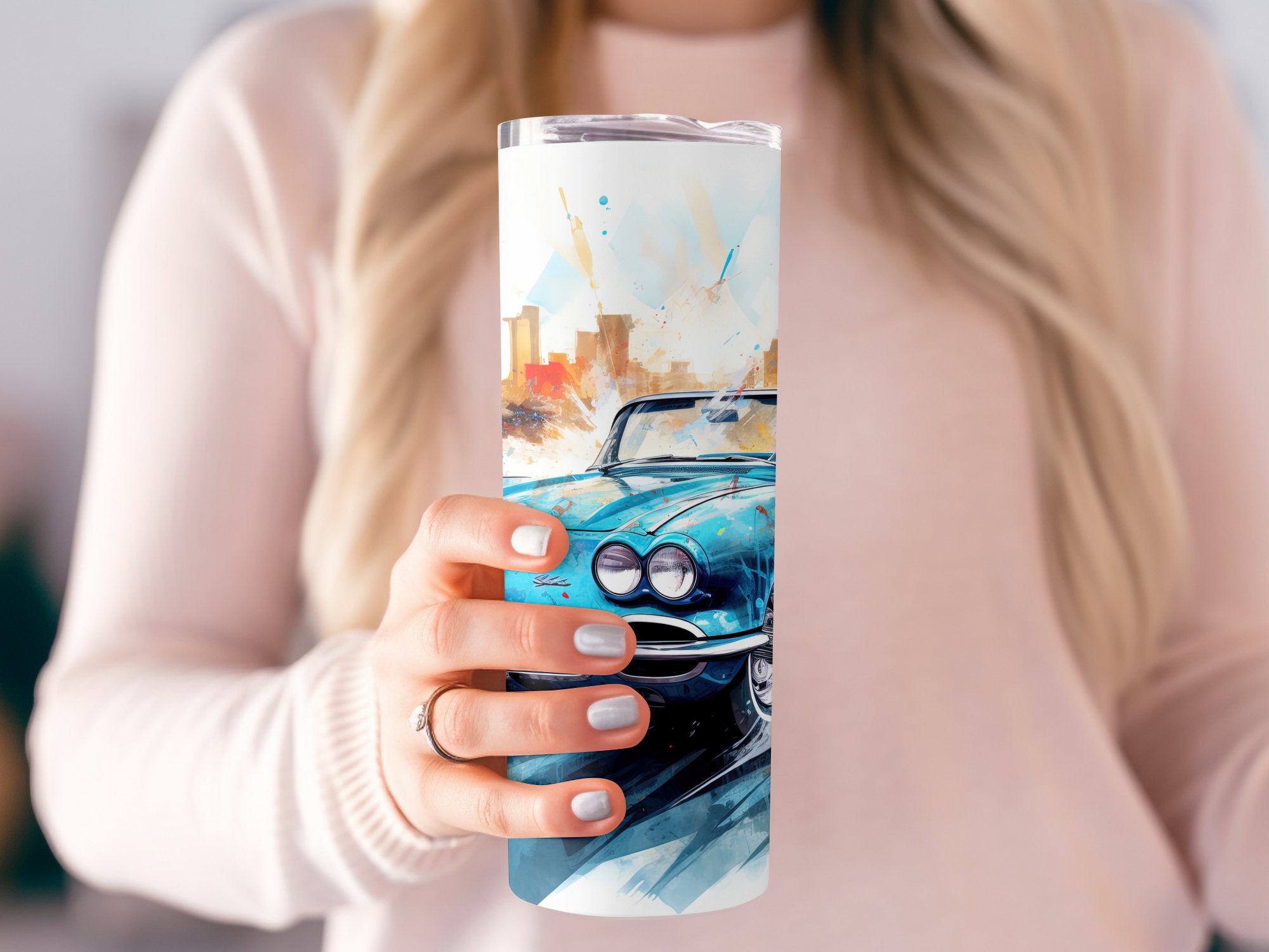 Teal Corvette Classic Watercolor Skyline Tumbler Wrap | 20oz Tumbler Wrap Sublimation Design PNG - Gabe Atkins Designs