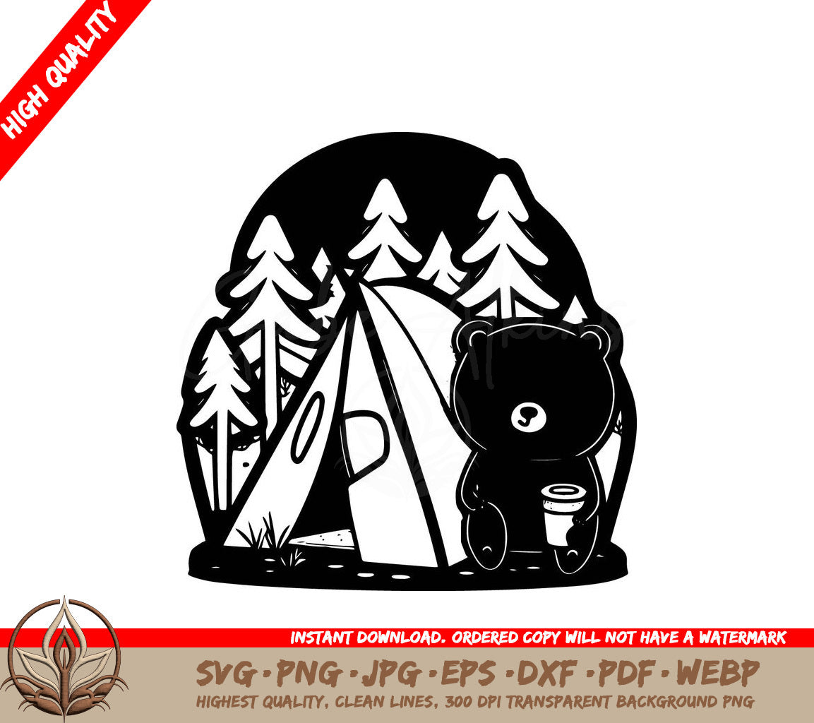 Teddy Bear with Coffee Camping Digital Design File (SVG, PNG, JPG, AI, PDF, DXF, EPS, WebP) 
