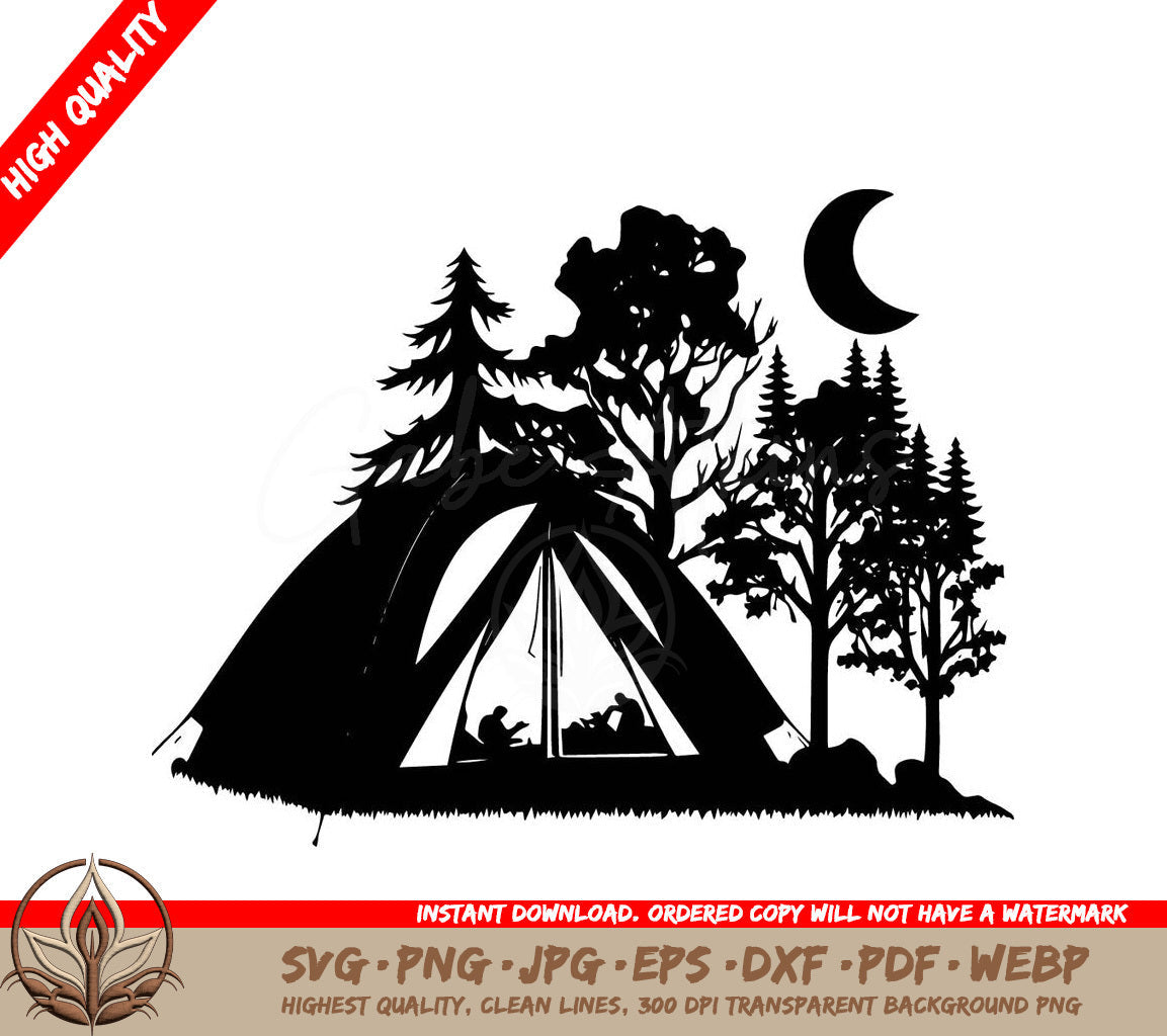 Tent in the Wilderness - Digital Design File (SVG, PNG, JPG, AI, PDF, DXF, EPS, WebP) 
