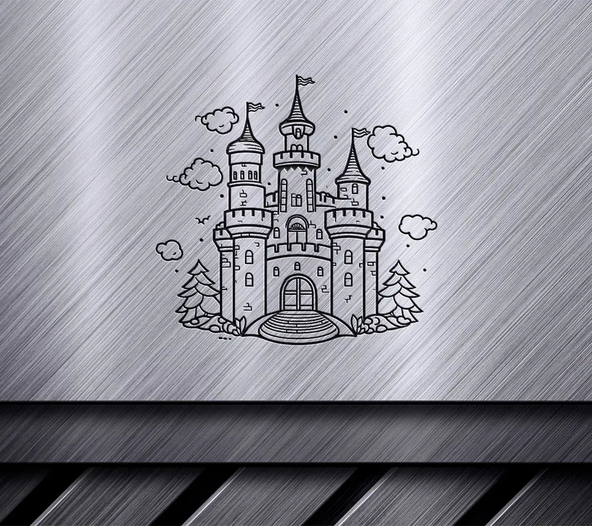 Enchanted Forest Castle SVG  Drawing with Trees and Clouds SVG