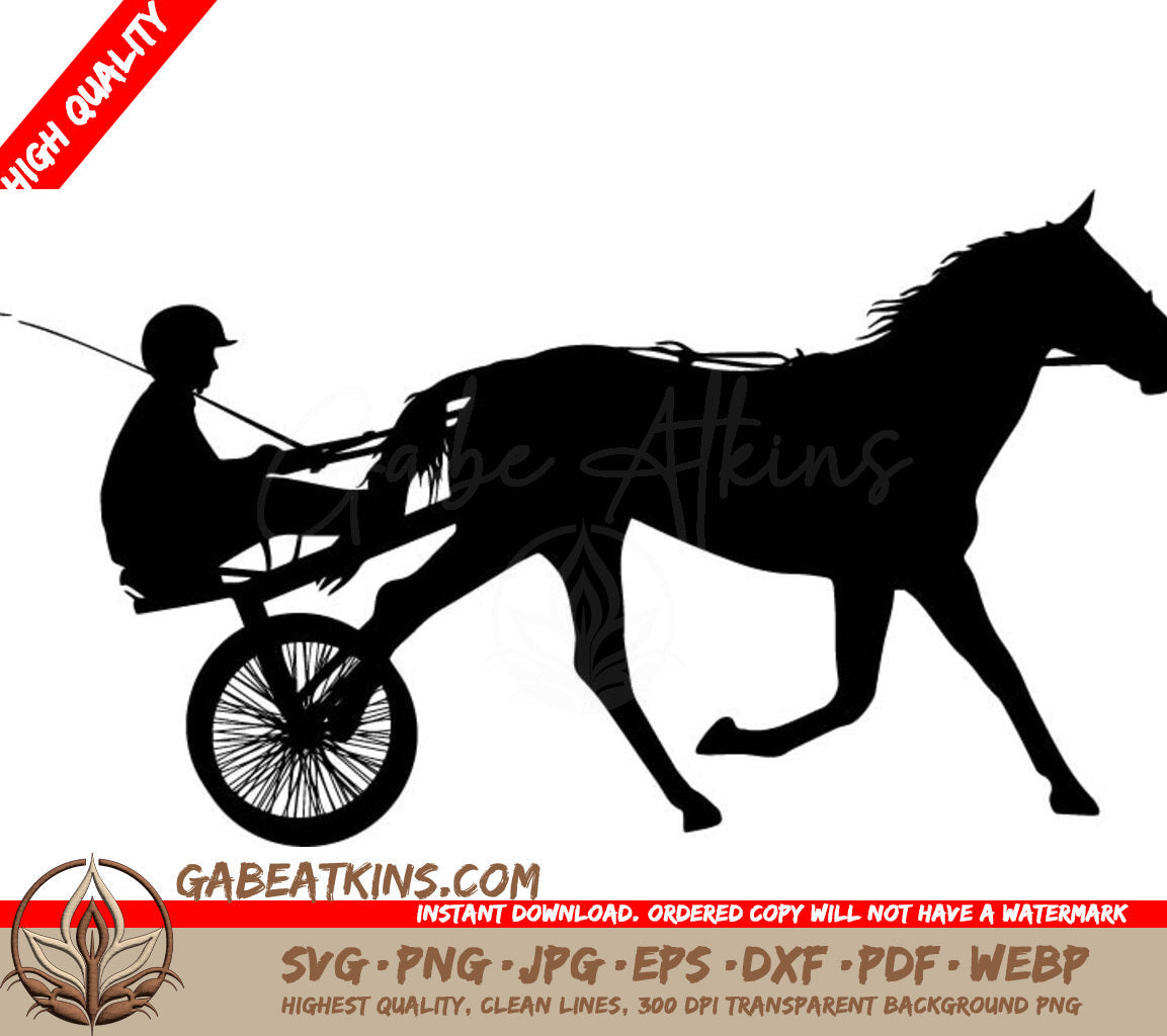 A Silhouette Of A Man Riding A Horse Drawn Carriage . SVG - The black silhouette of horse and jockey SVG