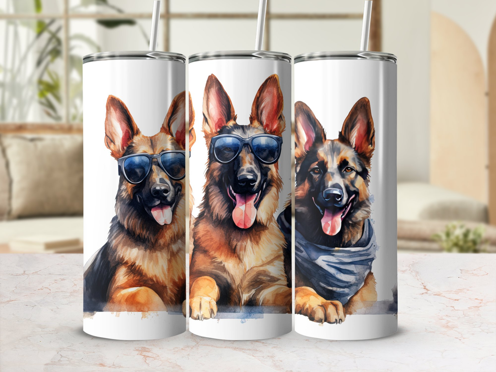 Three Charming German Shepherd Dogs in Sunglasses Tumbler Wrap | 20Oz  | 20Oz Tumbler Wrap Sublimation Design PNG