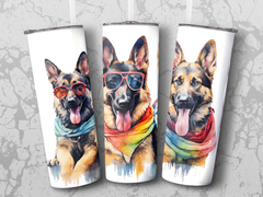 German Shepherd Dogs with Sunglasses and Rainbow Scarves Tumbler Wrap  | 20Oz Tumbler Wrap Sublimation Design