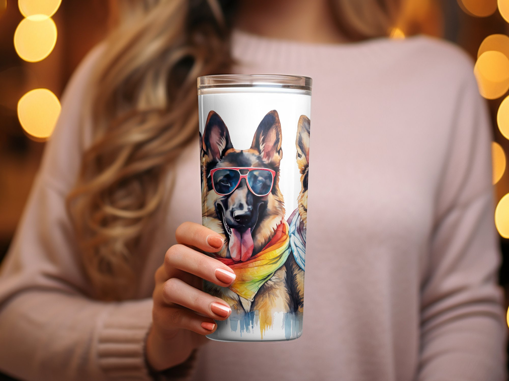 German Shepherd Dogs with Sunglasses and Rainbow Scarves Tumbler Wrap  | 20Oz Tumbler Wrap Sublimation Design