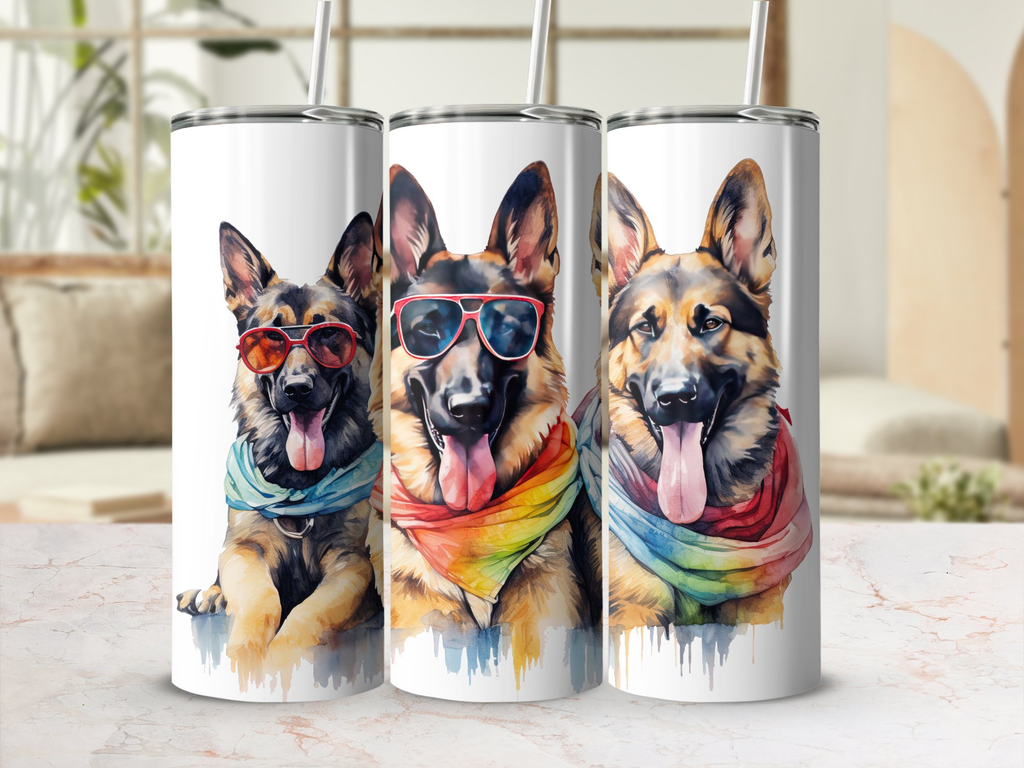 German Shepherd Dogs with Sunglasses and Rainbow Scarves Tumbler Wrap  | 20Oz Tumbler Wrap Sublimation Design