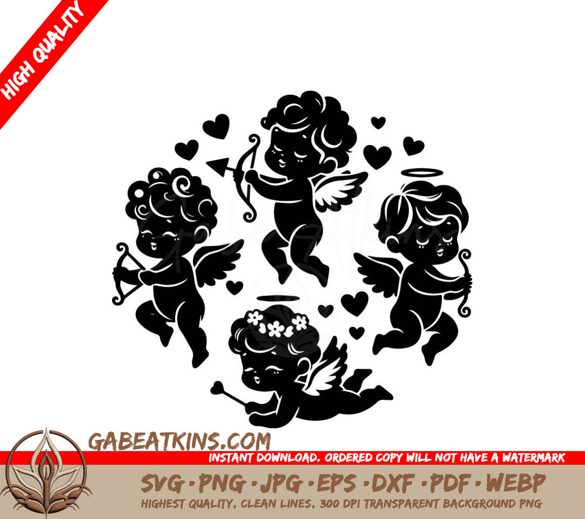 Cute Cupid Silhouettes SVG Set 4 Adorable Cupids with Bows and Arrows SVG