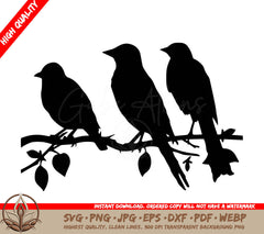 Three Birds on Branch: Multi-Format Digital Design File (SVG, PNG, JPG, AI, PDF, DXF, EPS, WebP) 
