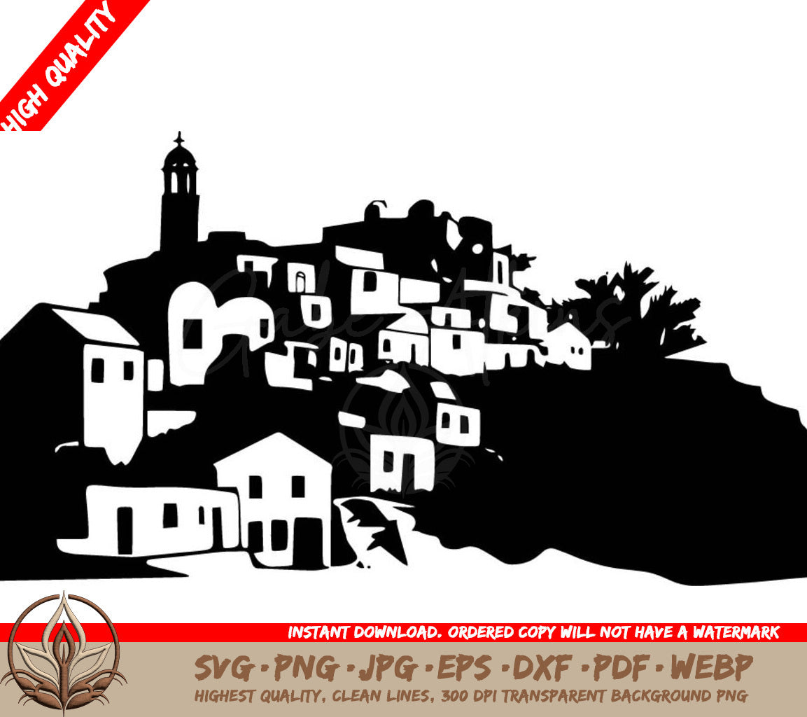 Traditional Greek Village Digital Design Cut File in SVG, PNG, JPG, AI, PDF, DXF, EPS and WebP Formats 
