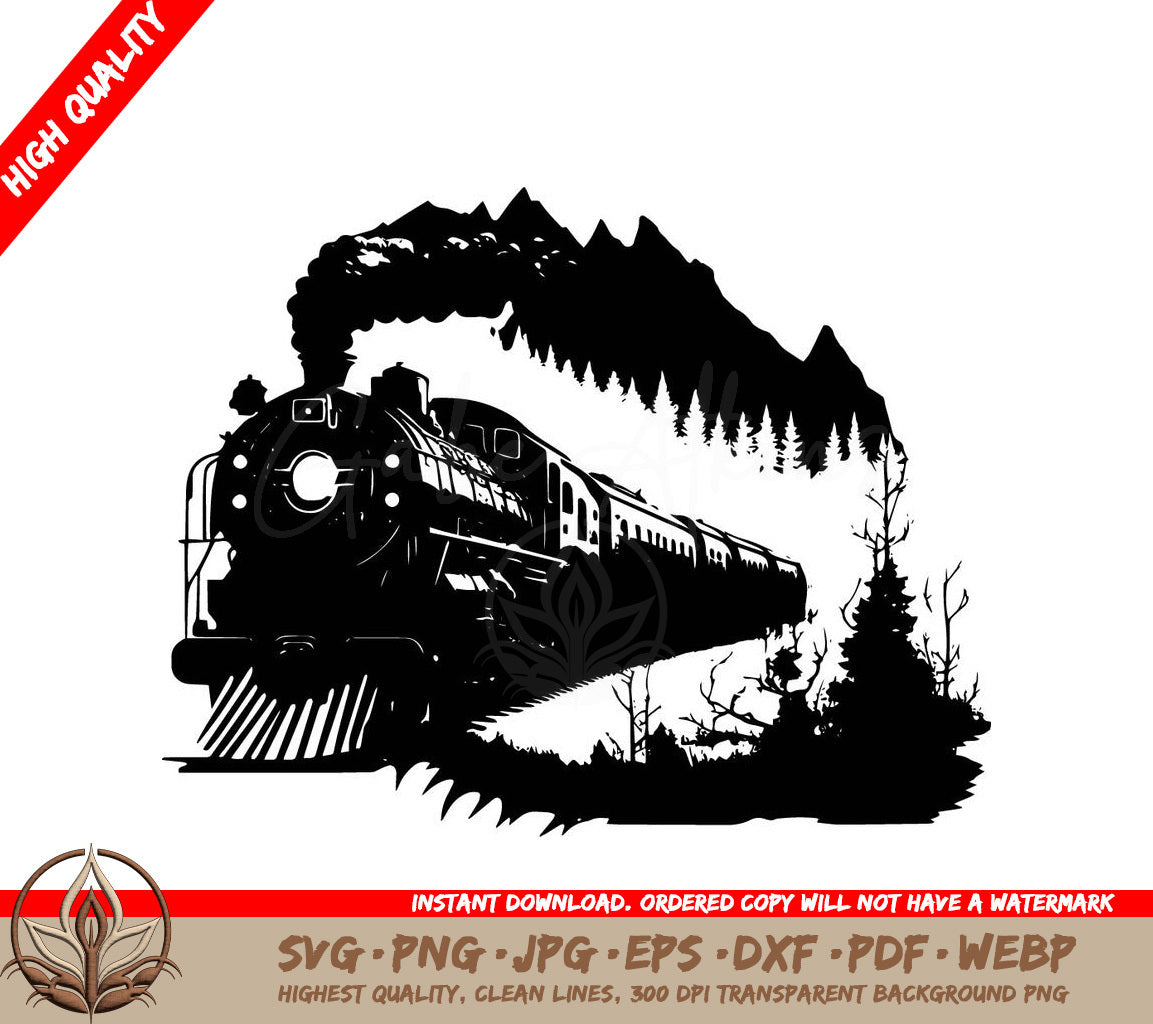 Train in the Mountains Digital Design in SVG, PNG, JPG, AI, PDF, DXF, EPS and WebP Formats 
