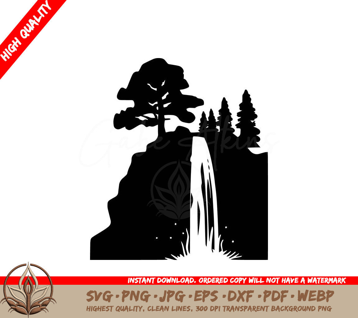 Tranquil Forest Waterfall Digital Design File for Cutting Machines and Printing - SVG, PNG, JPG, AI, PDF, DXF, EPS and WebP Formats 
