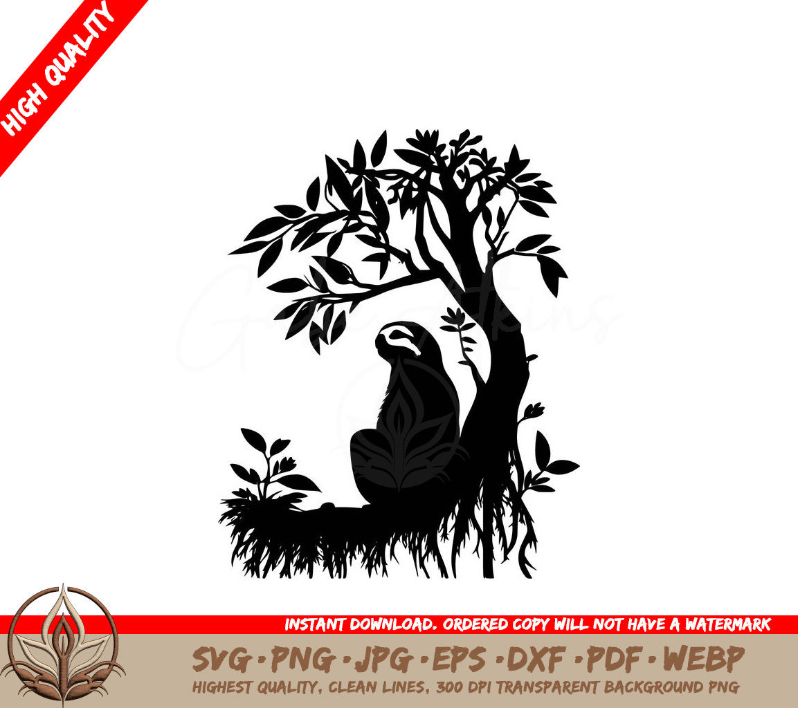 Tranquil Sloth Tree Digital Design File (SVG, PNG, JPG, AI, PDF, DXF, EPS, WebP) 
