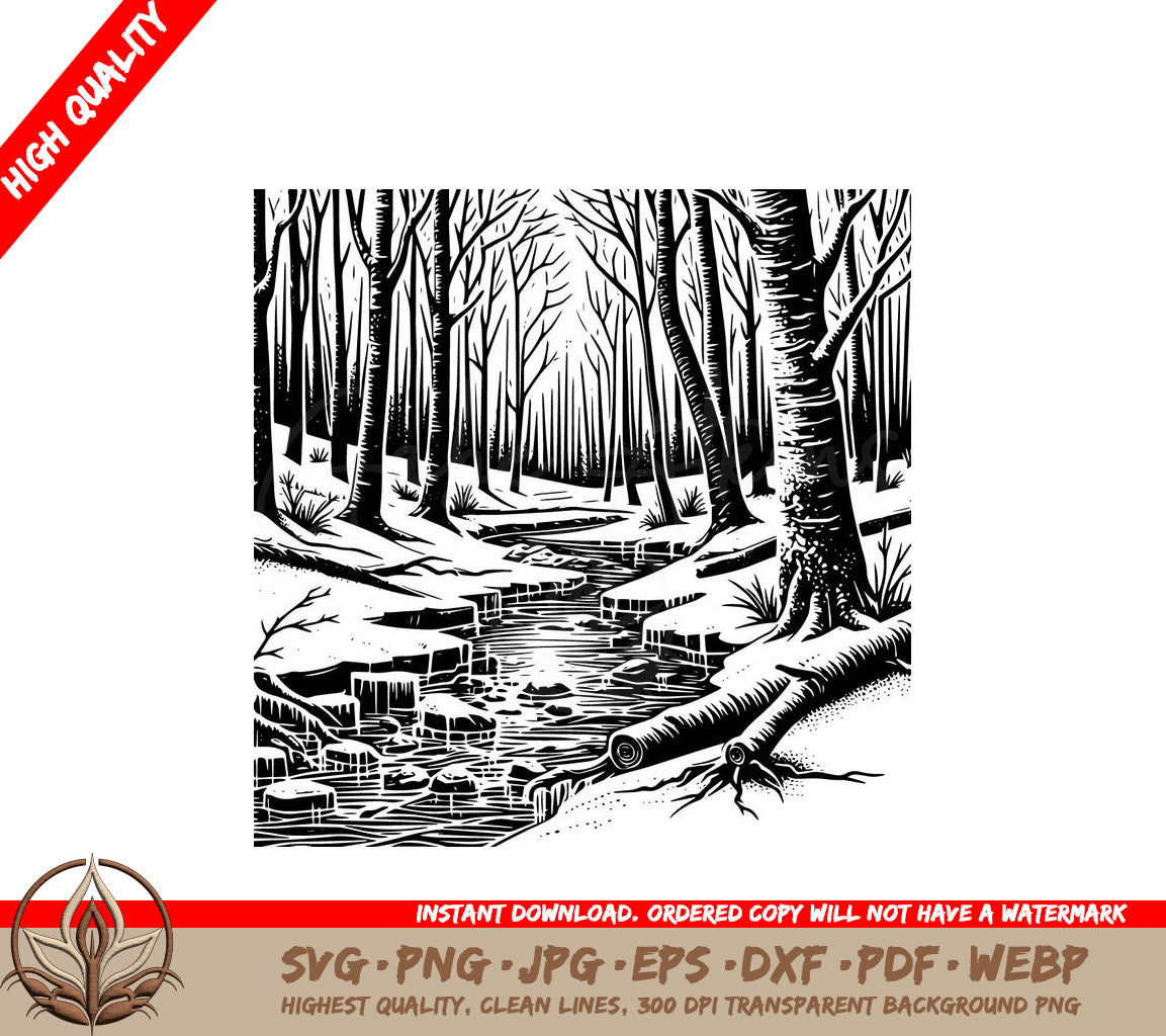 Tranquil Stream Forest Digital Design in Multiple File Formats 
