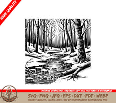 Tranquil Stream Forest Digital Design in Multiple File Formats 
