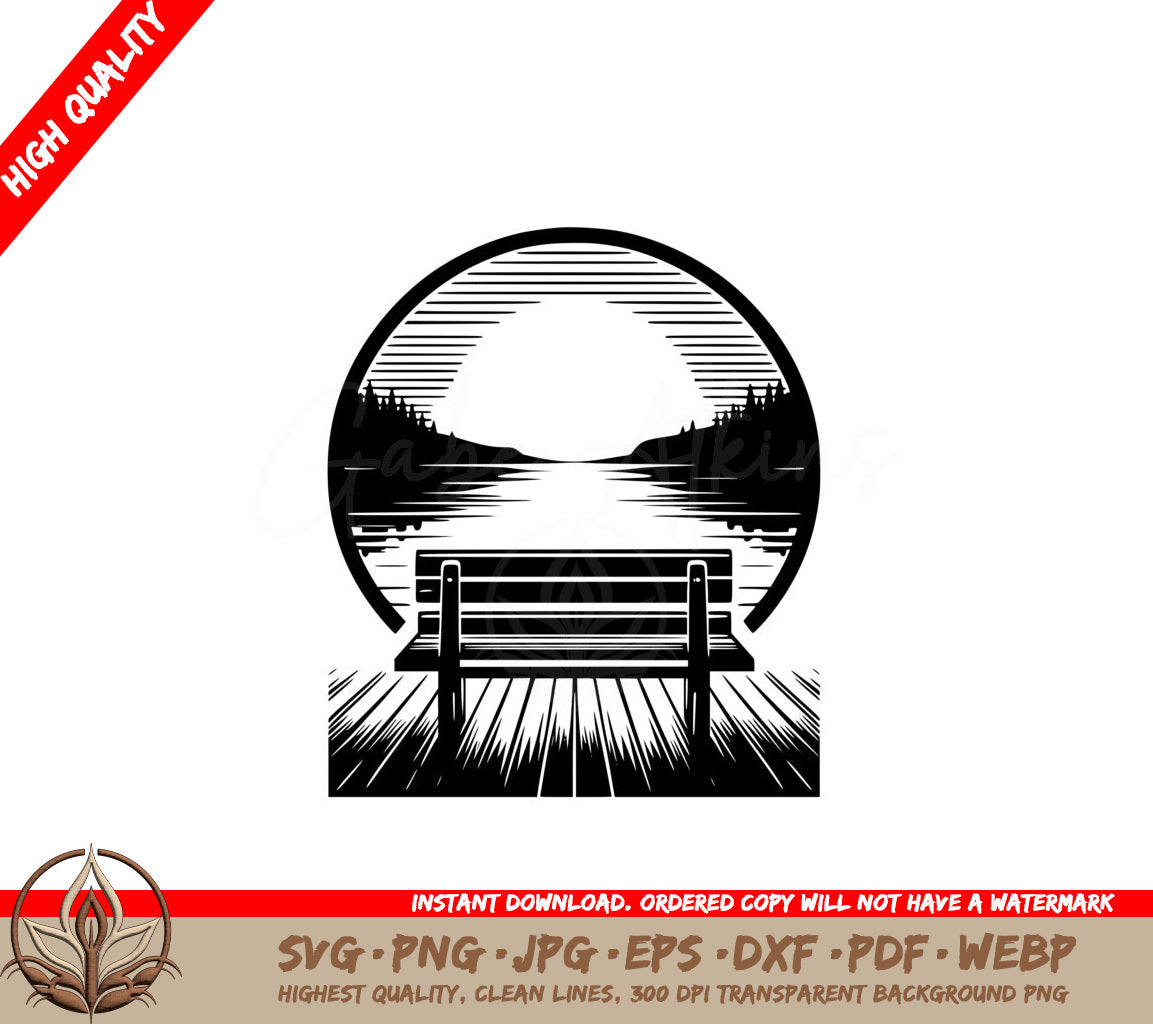 Tranquil Waterside Bench SVG Cut File Design