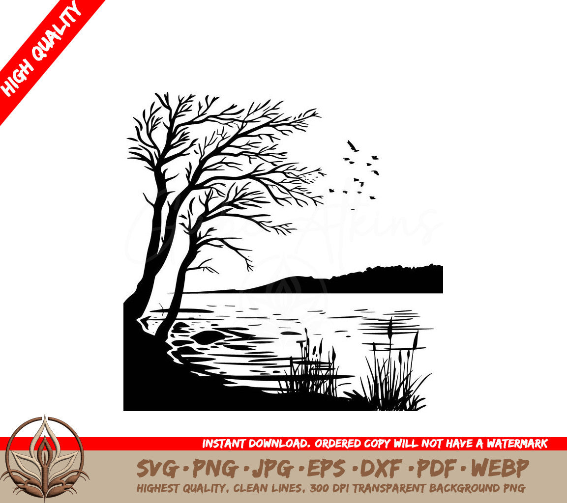 Tranquil Waterside View Digital Design in SVG, PNG, JPG, AI, PDF, DXF, EPS  WebP Formats 
