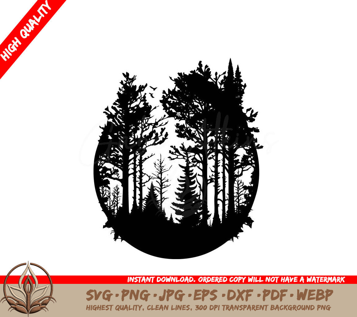 Tranquil Woods Serenity: Digital Design File (SVG, PNG, JPG, AI, PDF, DXF, EPS, WebP) 
