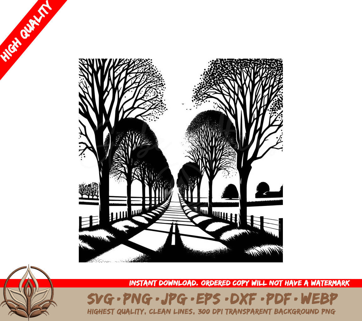 Tree-lined Road Digital Design Cut File in SVG PNG JPG AI PDF DXF EPS WebP Formats 
