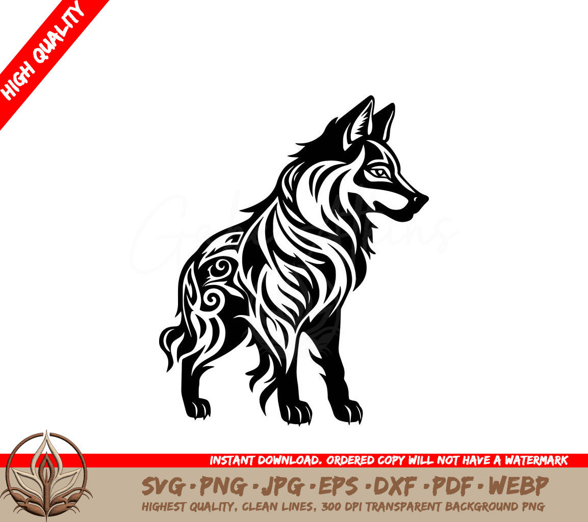 Tribal Wolf - Digital Design in Multiple File Formats (SVG, PNG, JPG, AI, PDF, DXF, EPS, WebP) 
