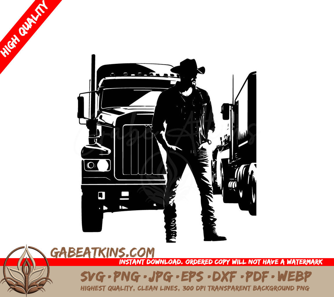 A Man In A Cowboy Hat Stands In Front Of A Semi Truck SVG - Trucker SVG