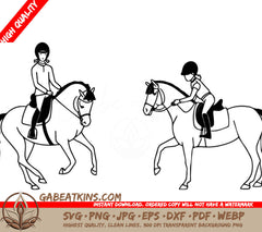  Two People Riding Horses . SVG - Two cute young horsewomen ride a ponies SVG