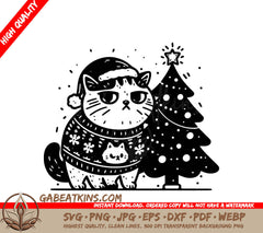 A Cat Wearing A Santa Hat Is Standing Next To A Christmas Tree SVG - Unimpressed Christmas Cat SVG