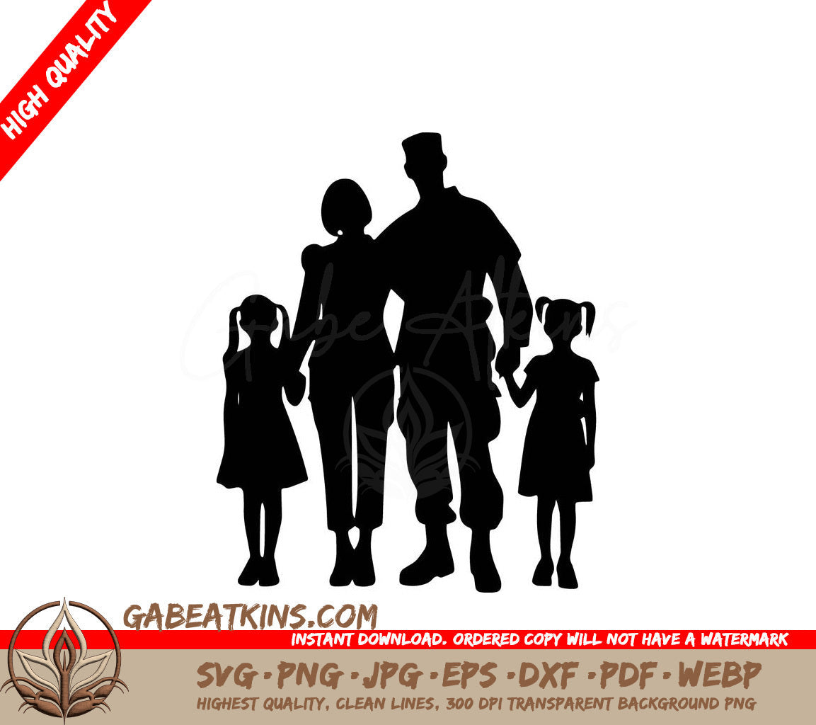 A Silhouette Of A Soldier Holding Hands With His Family SVG - United Military Family SVG