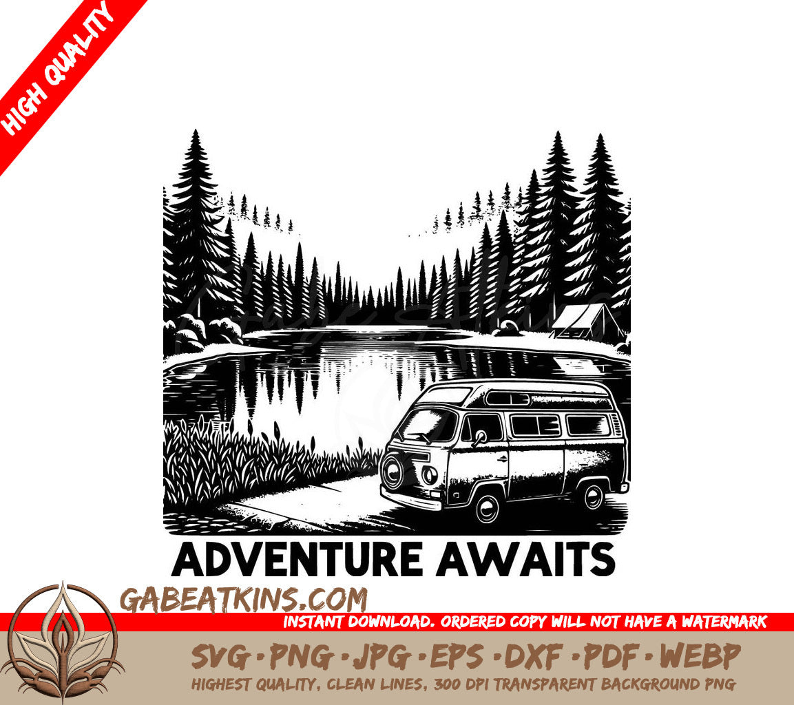  A Van Near A Lake With The Words Adventure Awaits Below It SVG - Van Lakeside Journey SVG