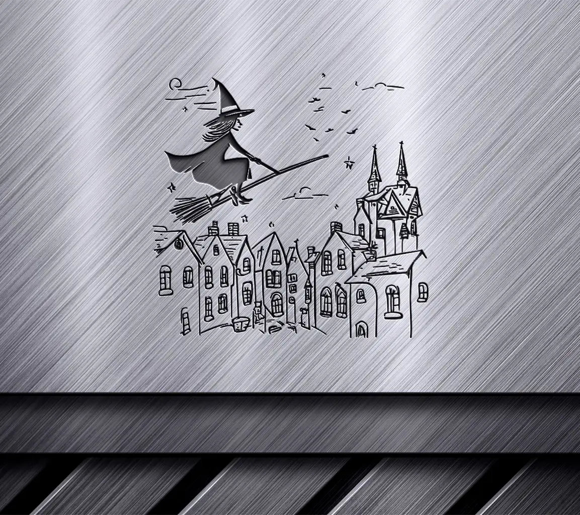  Witch Flying on Broom SVG - Halloween Full Moon Illustration SVG