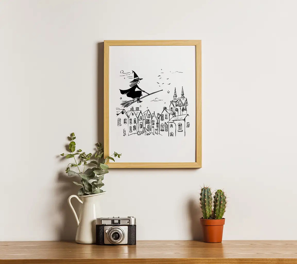  Witch Flying on Broom SVG - Halloween Full Moon Illustration SVG