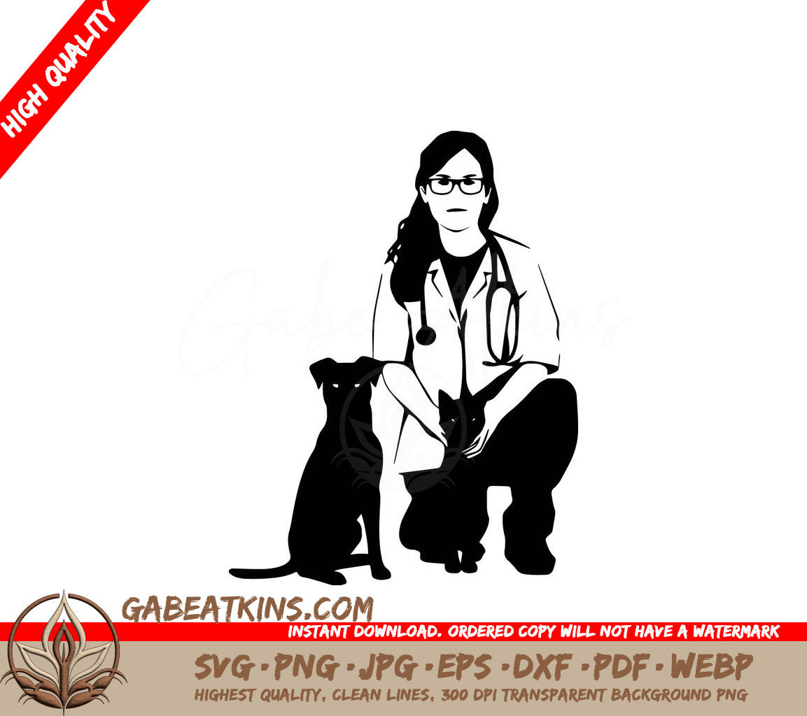  A Woman Kneeling Down With A Cat And A Dog SVG - Veterinarian with Cat and Dog SVG