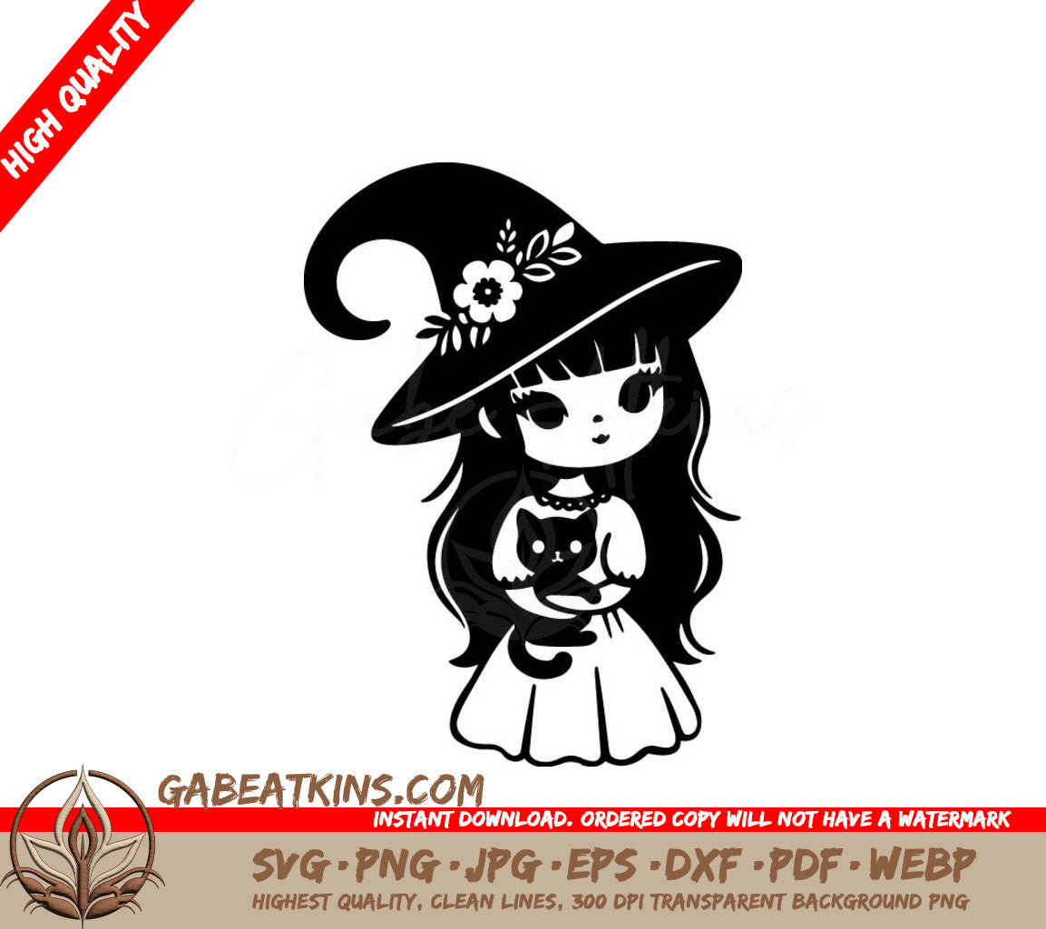 Witchy Girl with Black Cat SVG SVG