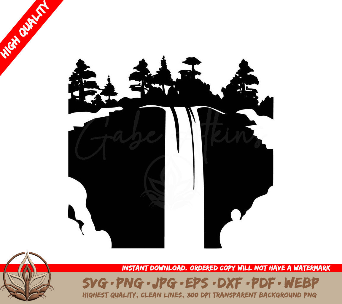 Waterfall Amidst Trees Digital Design File (SVG, PNG, JPG, AI, PDF, DXF, EPS, WebP) 
